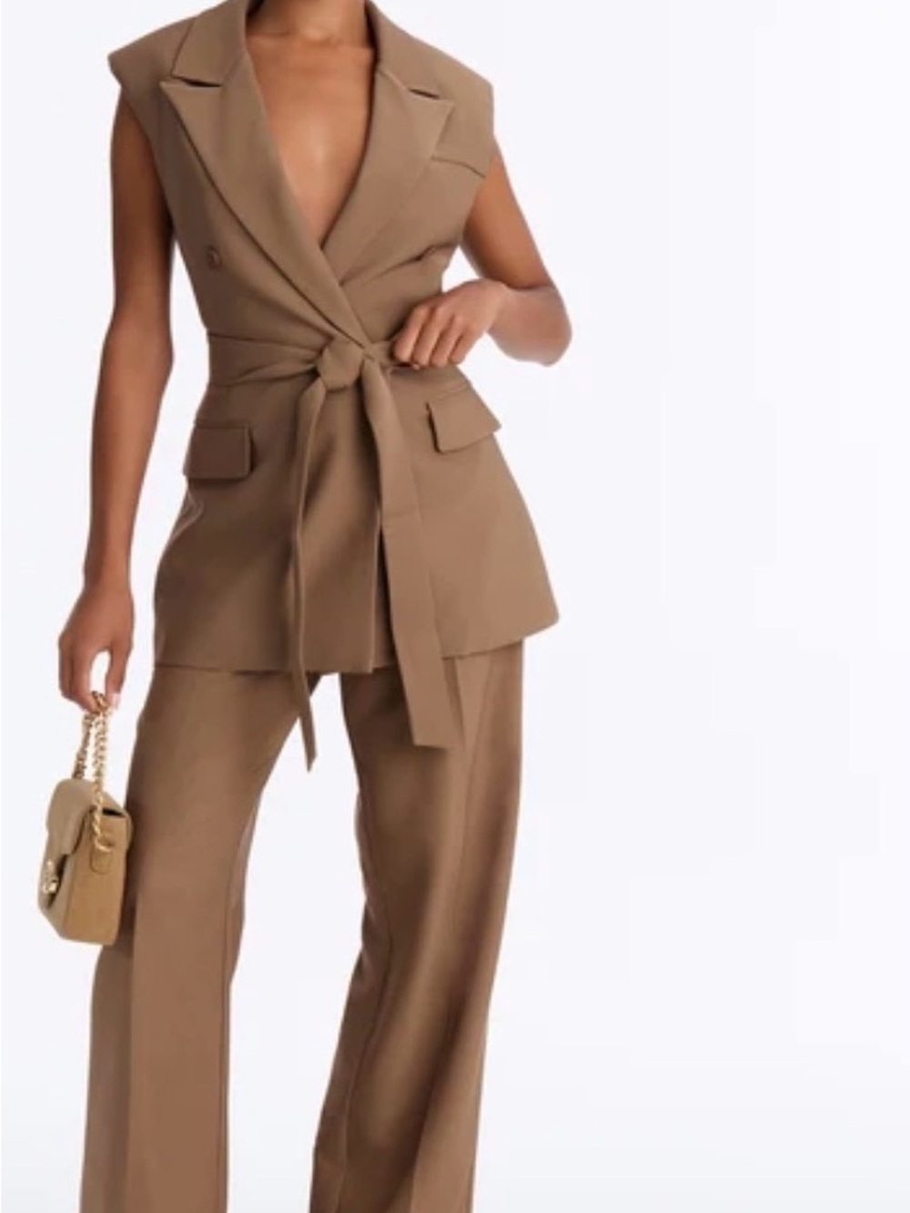 Sleeveless Tie-Waist Jacket and Pants in Camel